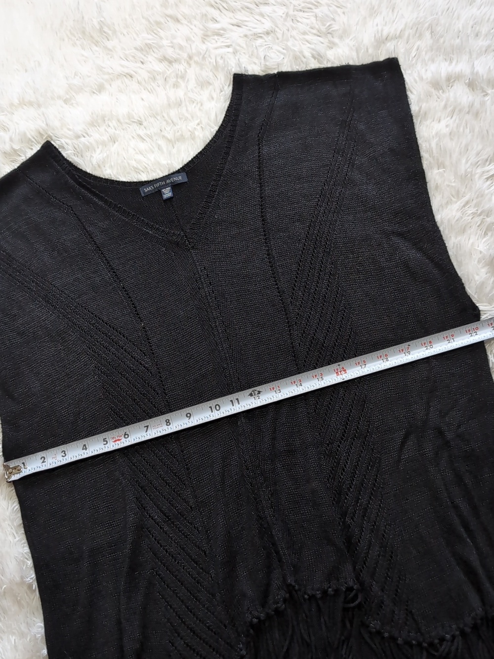 Saks Fifth Black Knit Tassel Poncho Oversized Fall Layering Sweater M/L - Picture 10 of 11